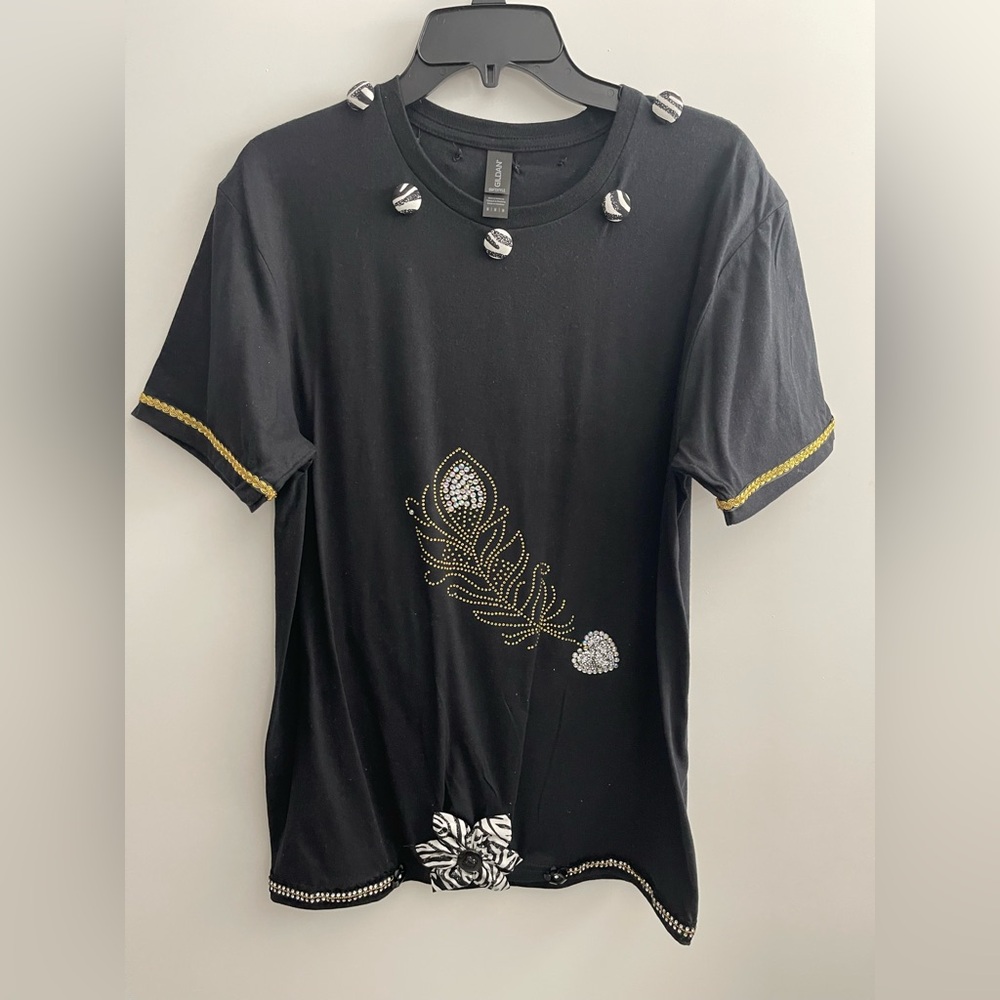 Women's Black T-Shirt with Gold Braided Trim Upcycled Size M